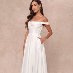 Lulus Extraordinary Vow White Off-the-shoulder Maxi Dress With Pockets - Size XS